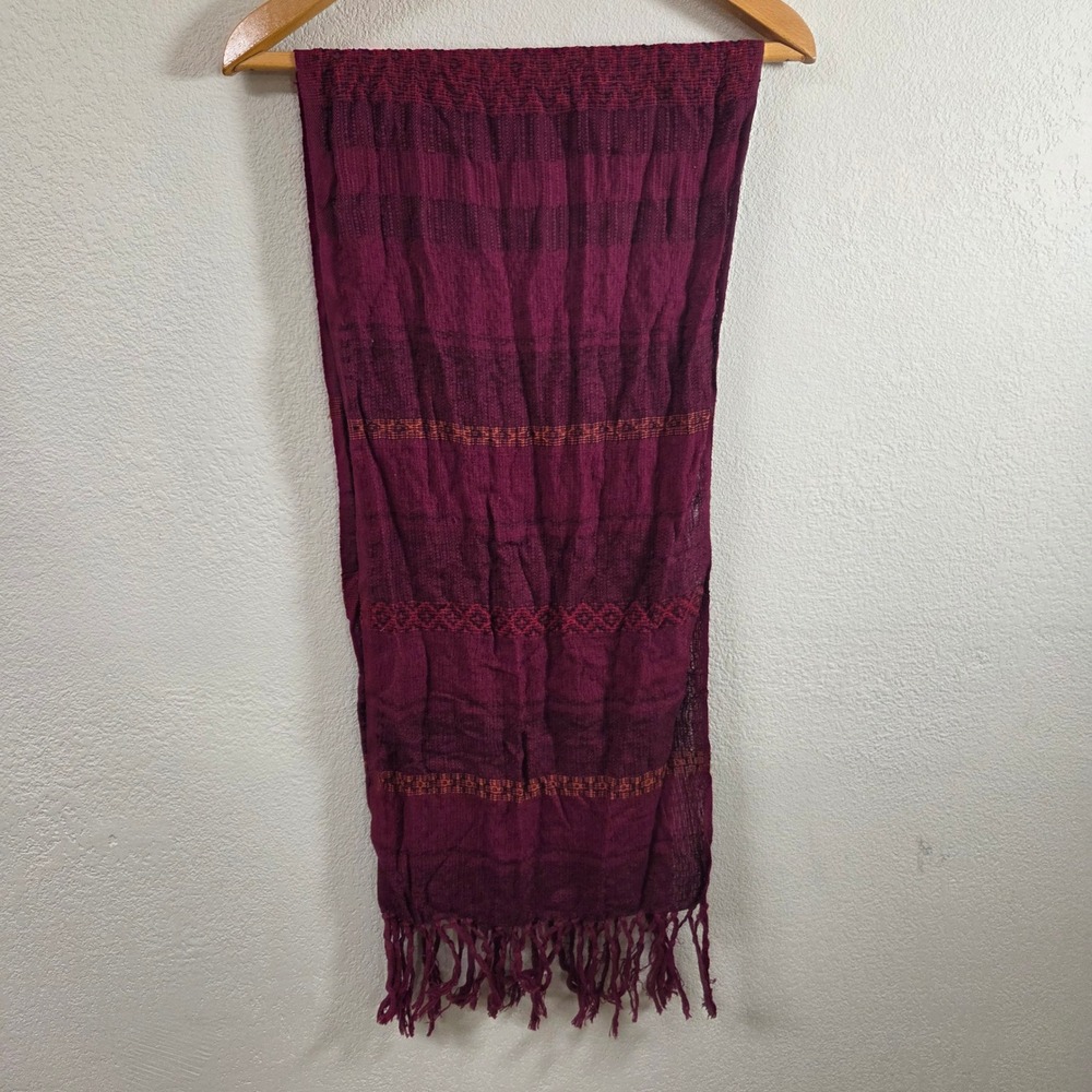 Burgundy Woven Boho Scarf Fringed Tassel Geometric Pattern Maroon 64x14